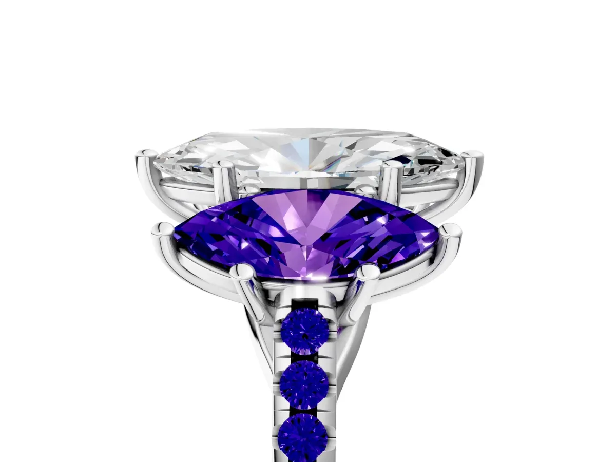 Three-Stone Marquise Cut Diamond Ring with Round Tanzanite Pavé Band and Prong Setting Silver