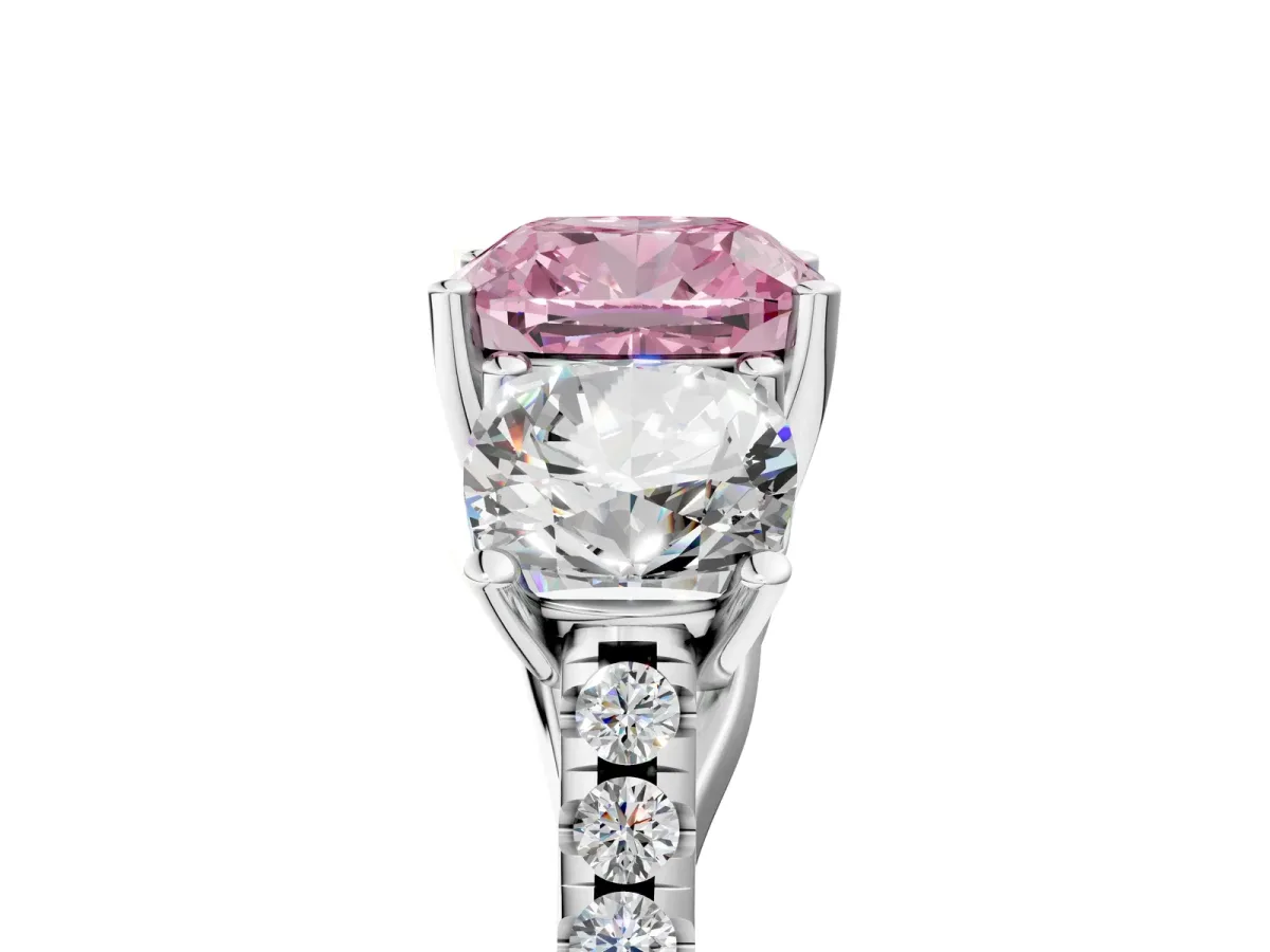 Fancy Pink Three-Stone Cushion Cut Diamond Ring with Round Pavé Band and Prong Setting Silver