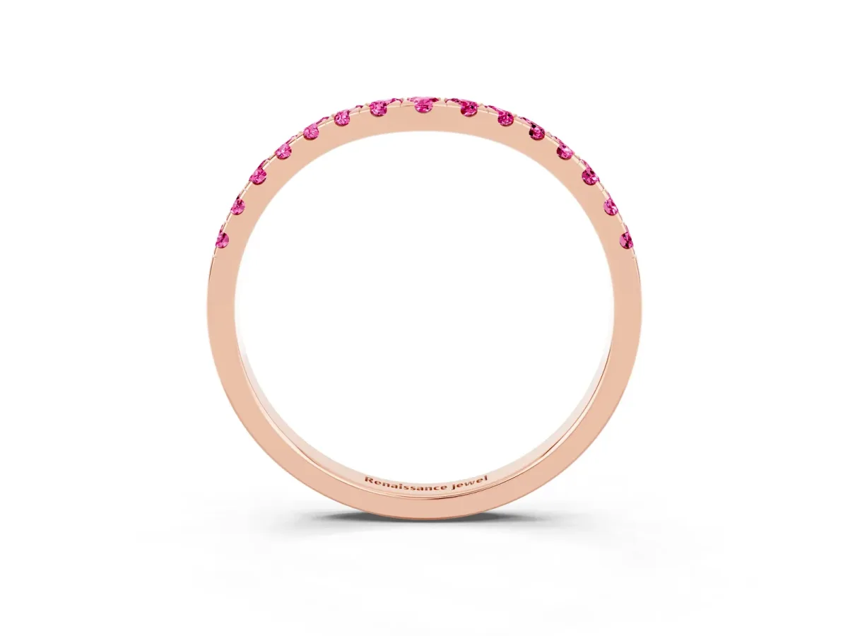 Curved Pavé Round Pink Sapphire Wedding Band with Shared Prong Setting Rose gold