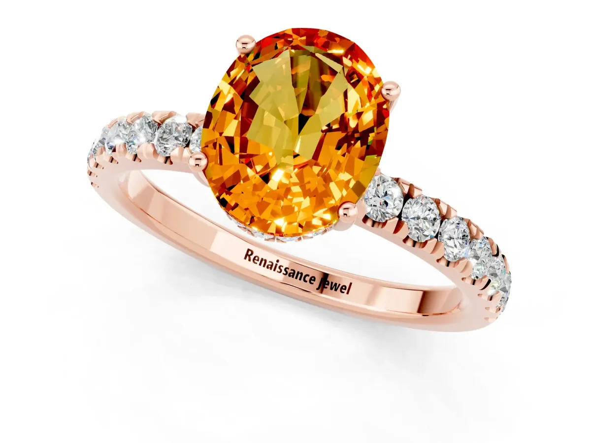 Oval Cut Citrine Pave Band Solitaire Ring with Round and Prong Setting Rose gold
