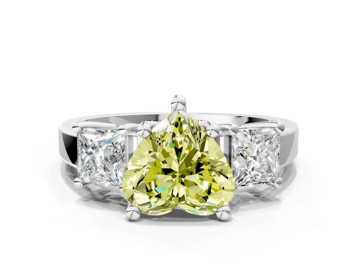 Fancy Yellow Three-Stone Heart Cut Cut Solitaire Ring with Prong Setting Platinum