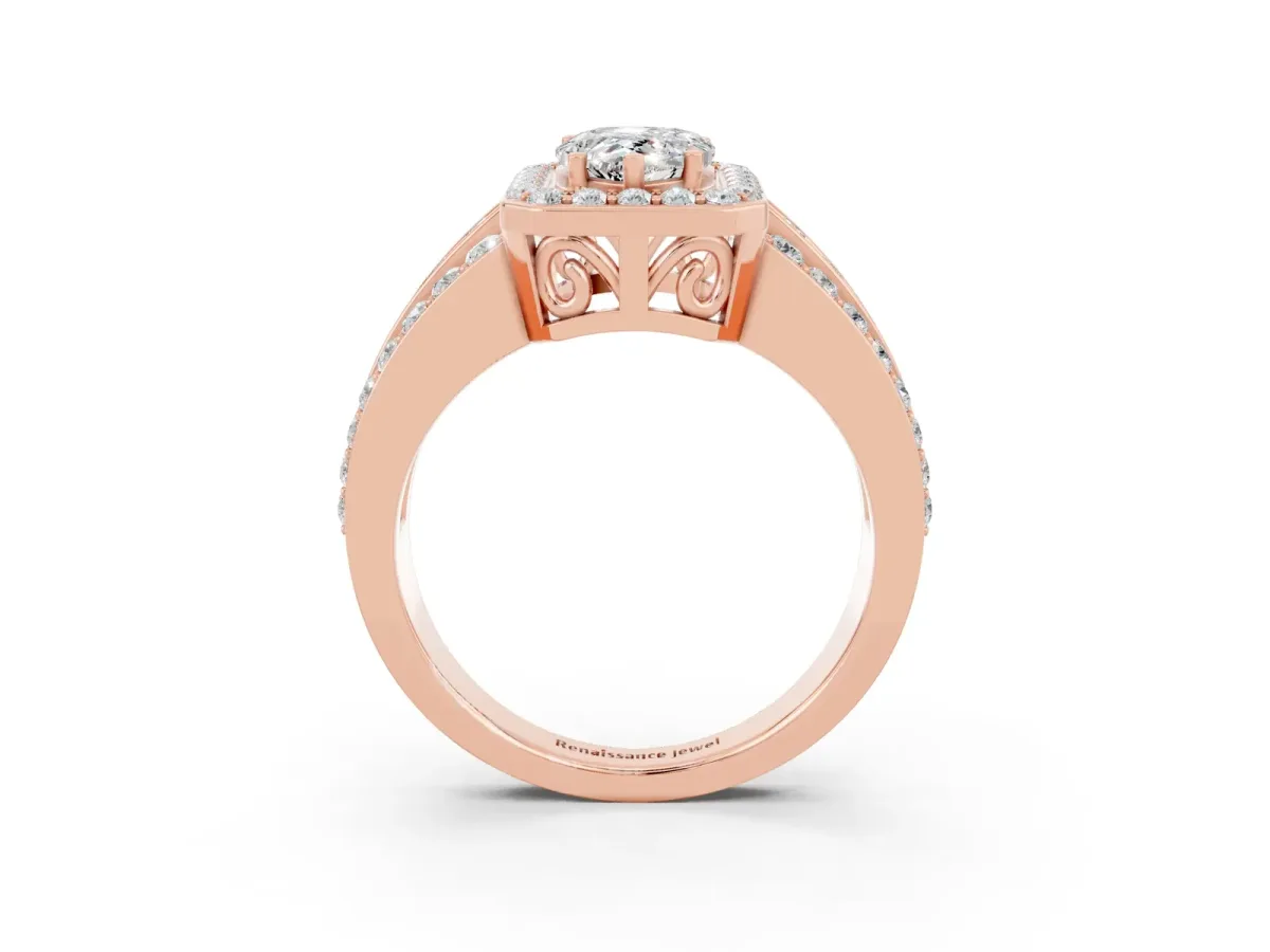 Pear Cut Halo Moissanite Ring with Round Split Shank and Prong Setting Rose gold