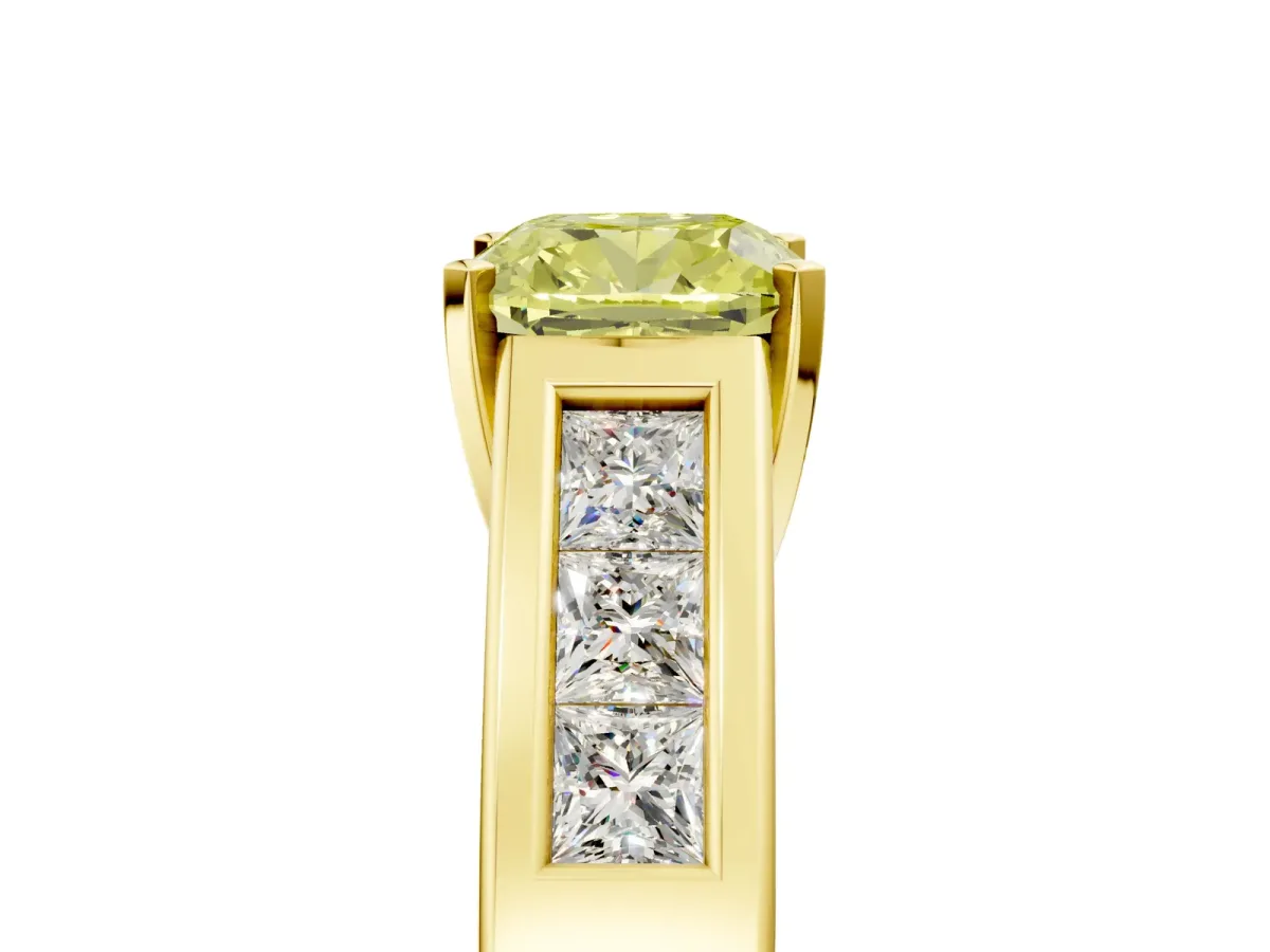 Fancy Yellow Cushion Cut Cut Channel Set Solitaire Ring with Four-Prong Setting Yellow gold