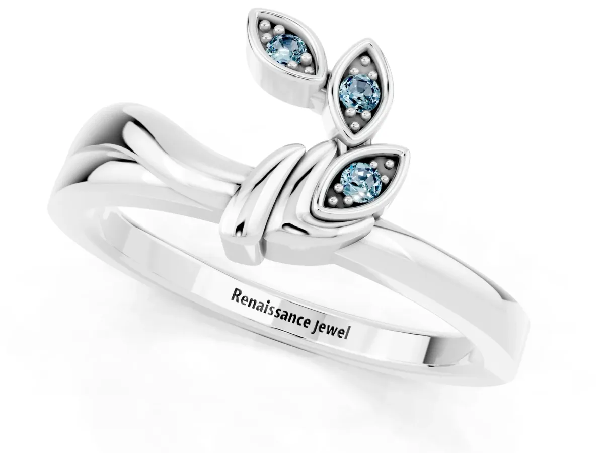 Three-Stone Round Aquamarine Leaf Bypass Ring with Bezel Setting Platinum