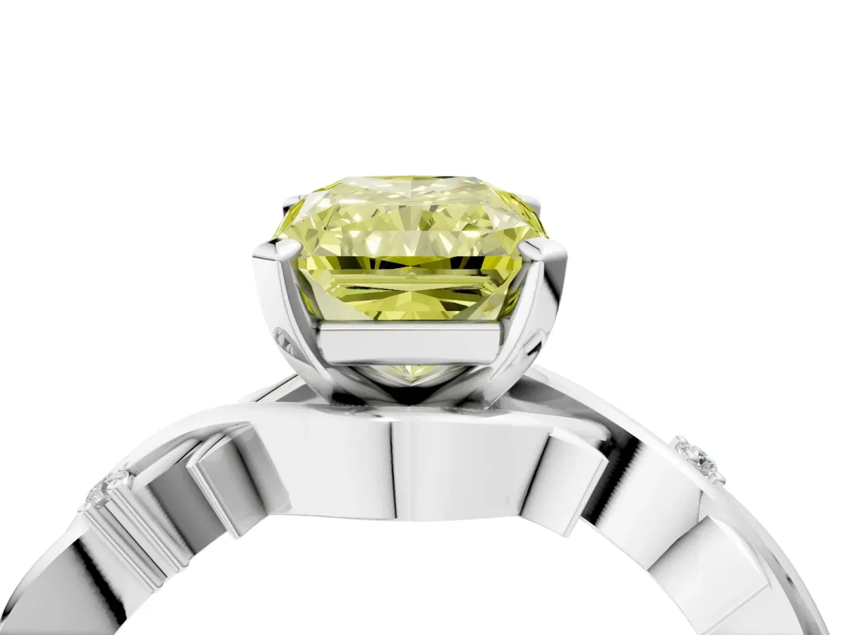 Fancy Yellow Radiant Cut Diamond Solitaire Ring with Twisted Band and Prong Setting Silver