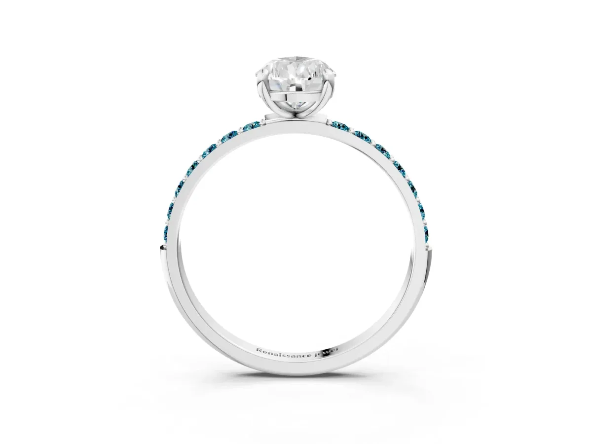 Pear Cut Diamond Solitaire Ring with Round Blue Topaz Pavé Band and Prong Setting Silver