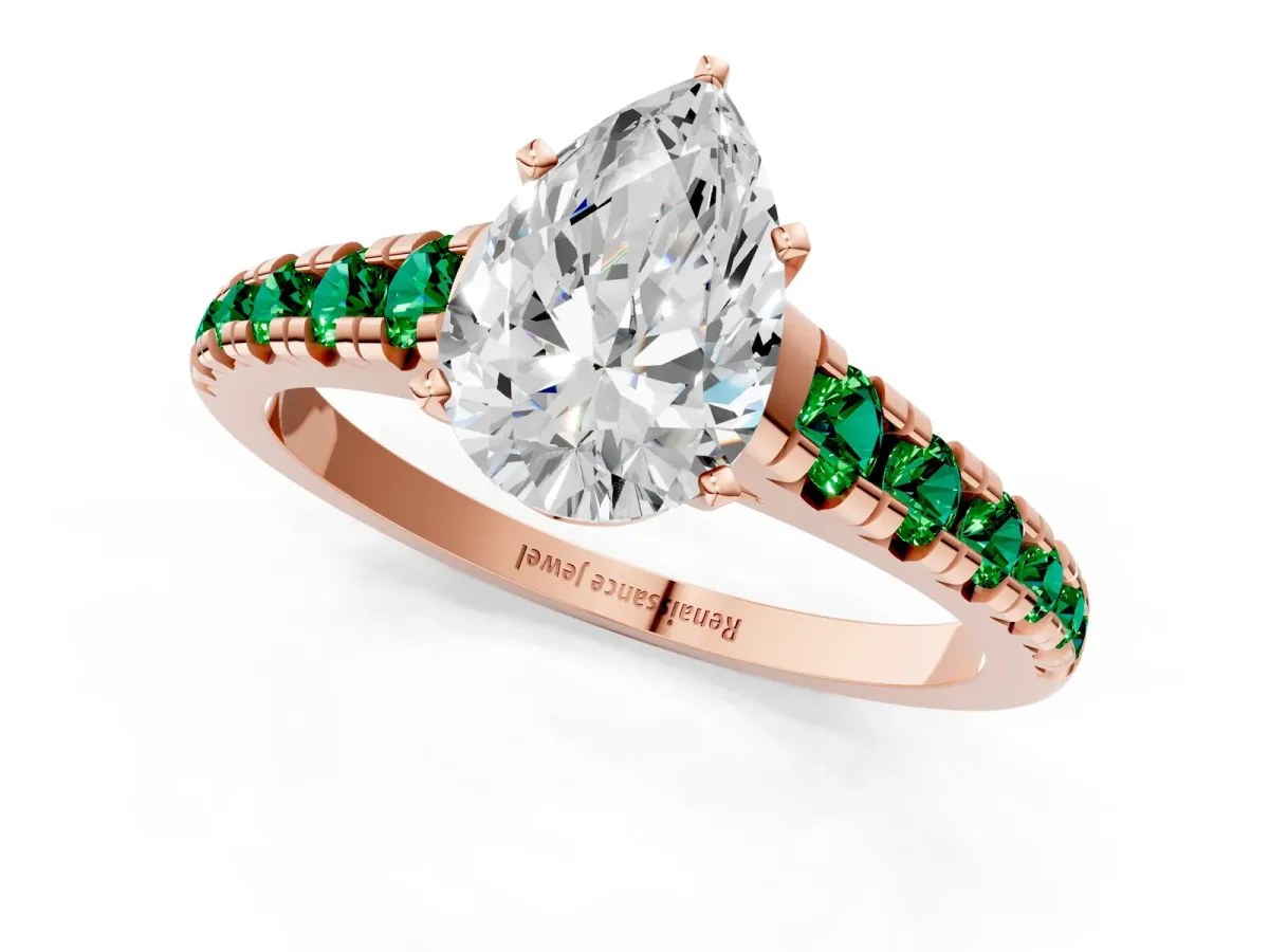 Pear Cut Diamond Cathedral Solitaire Ring with Round Emerald Pavé Band Rose gold