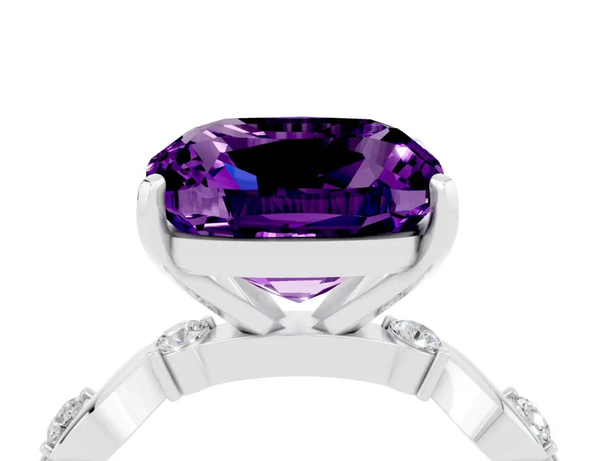 Cushion Cut Amethyst Solitaire Twisted Band with Round Accents and Prong Setting Silver