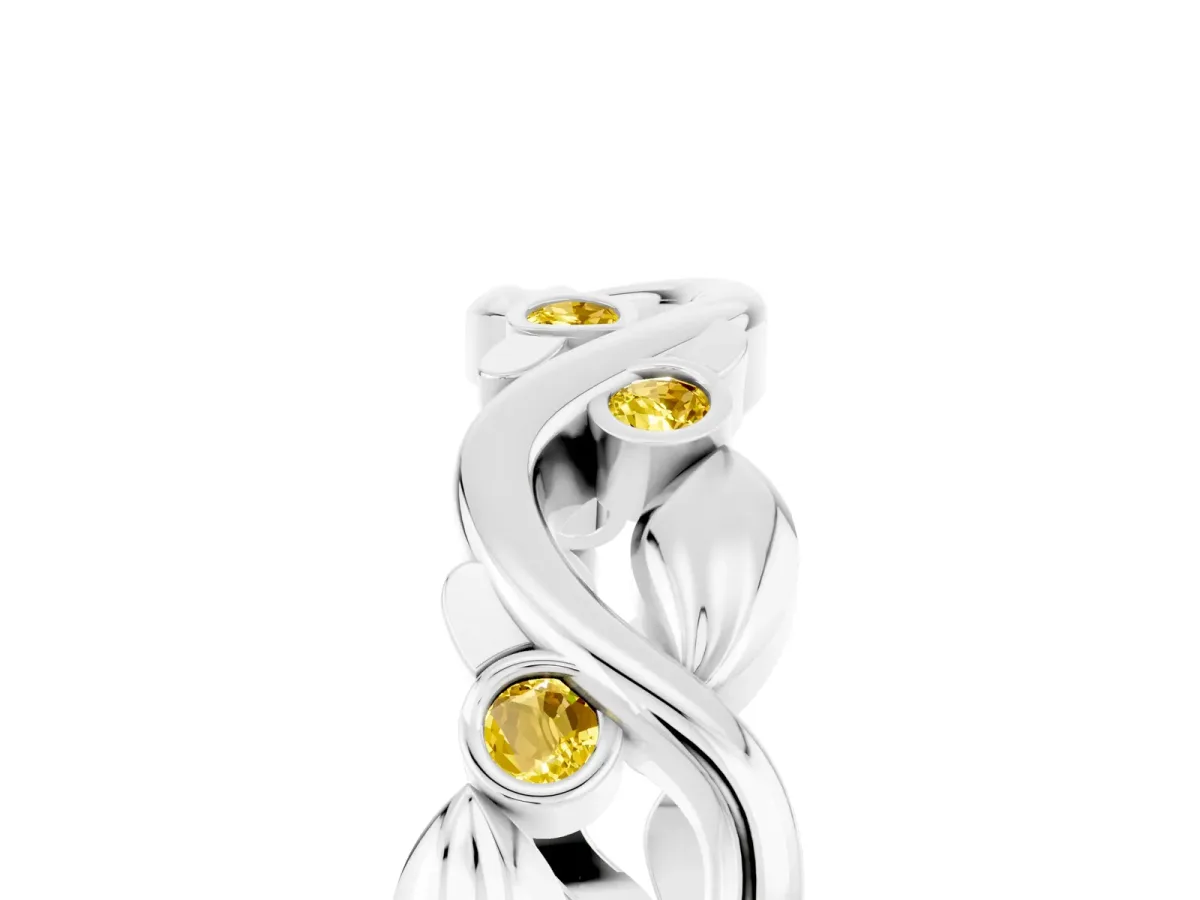 Round Yellow Sapphire Leaf Eternity Band with Bezel Setting White gold