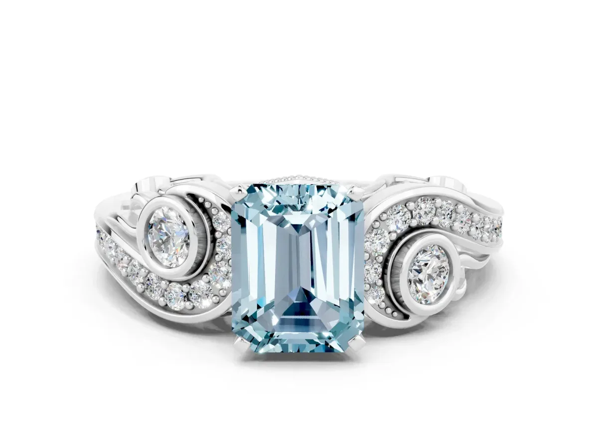 Emerald Cut Aquamarine Solitaire Ring with Milgrain Pavé Band and Four-Prong Setting Silver