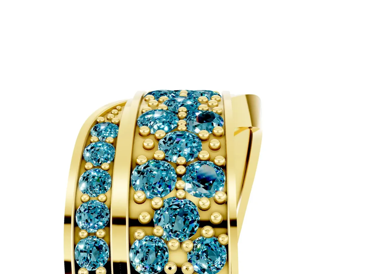 Pavé Round Blue Topaz Crossover Band with Bead Prong Setting Yellow gold