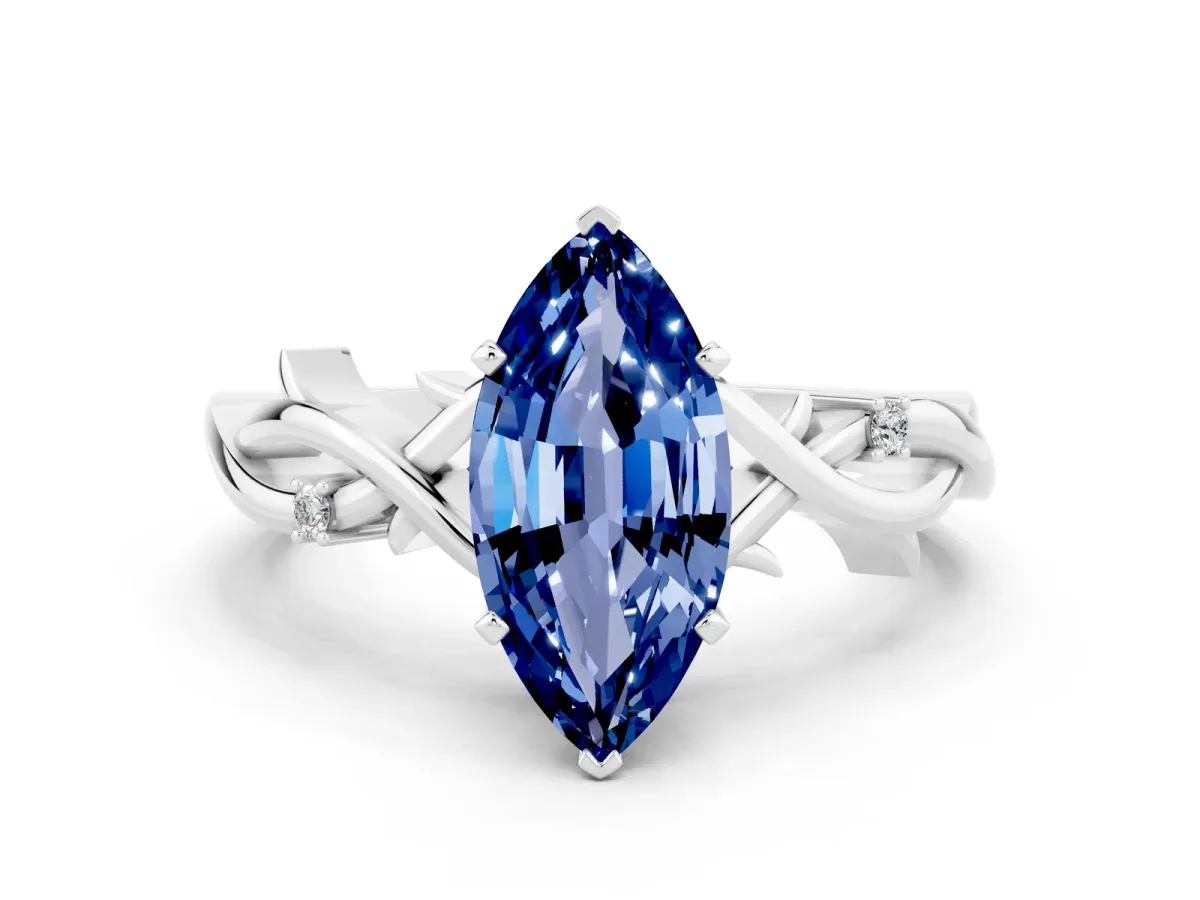 Marquise Cut Blue Sapphire Solitaire Ring with Twisted Band and Prong Setting Silver