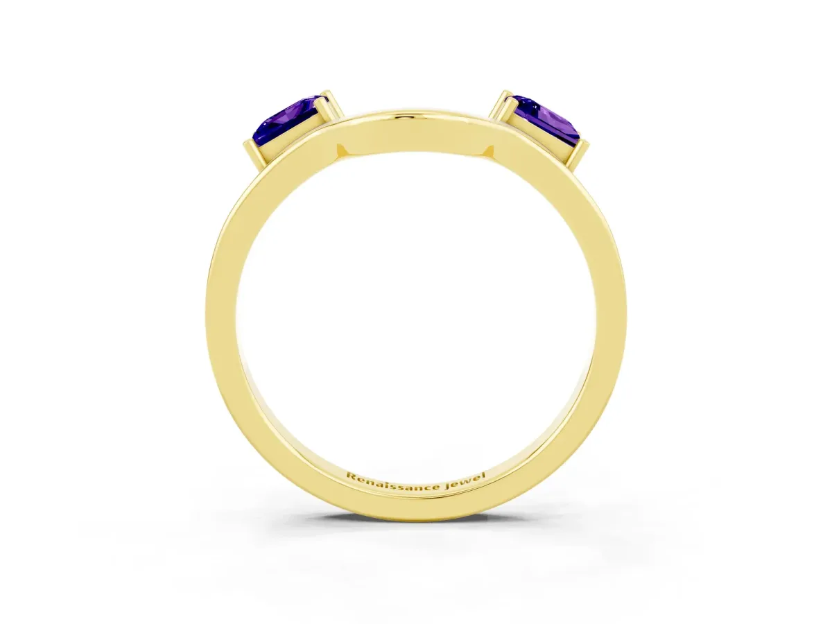 Princess Cut Tanzanite Two-Stone Open Band Ring with Four-Prong Setting Yellow gold
