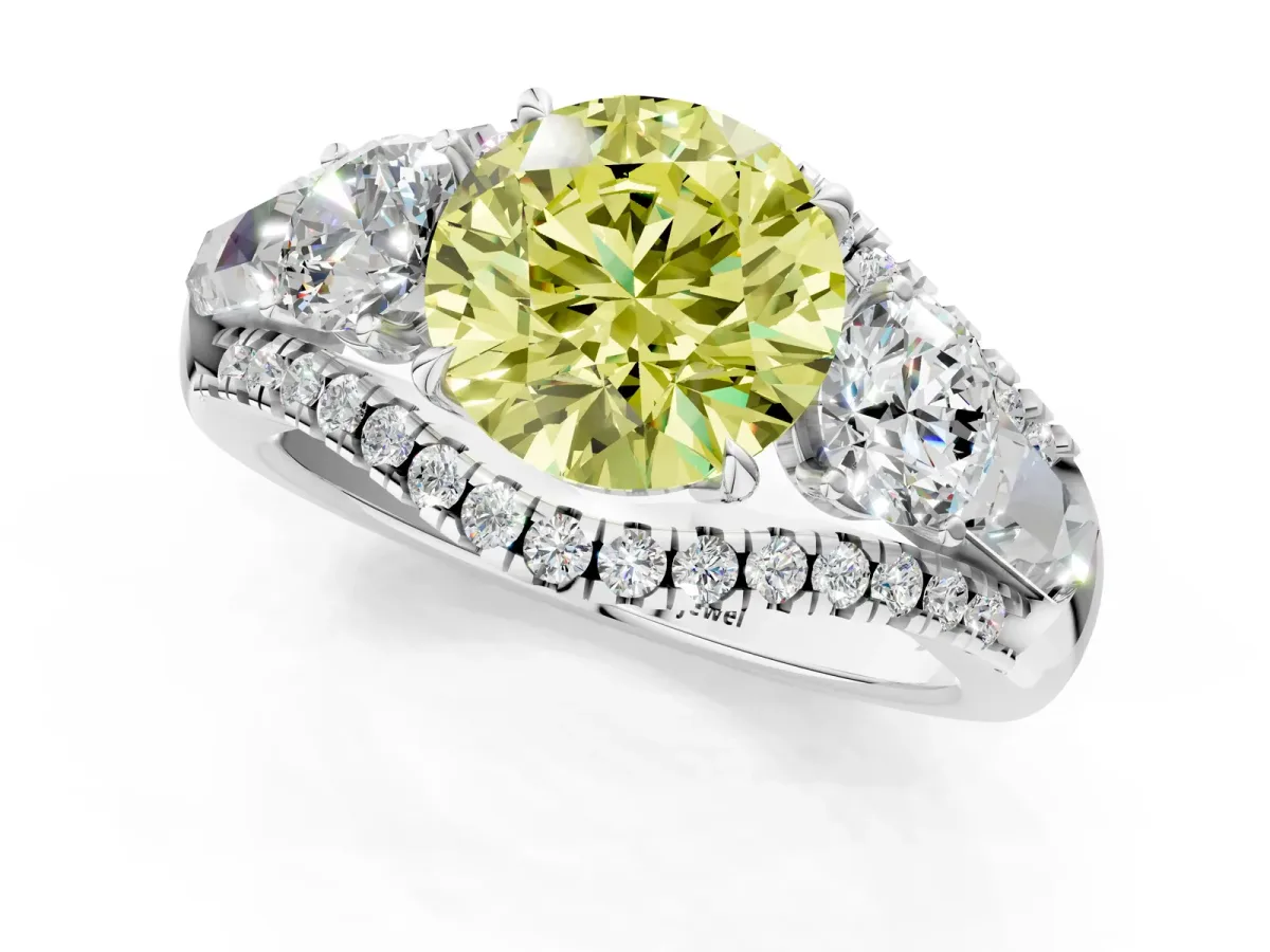 Fancy Yellow Three-Stone Round Cut Diamond Engagement Ring with Pave Band and Prong Setting Platinum