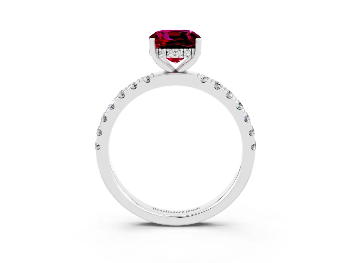 Cushion Cut Garnet Pave Band Solitaire Ring with Round and Prong Setting Platinum