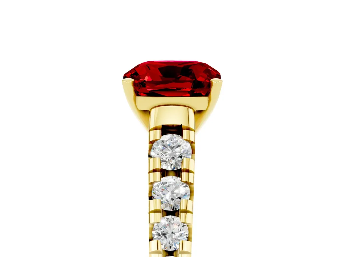 Cushion Cut Ruby Cathedral Solitaire Ring with Round Pavé Band Yellow gold