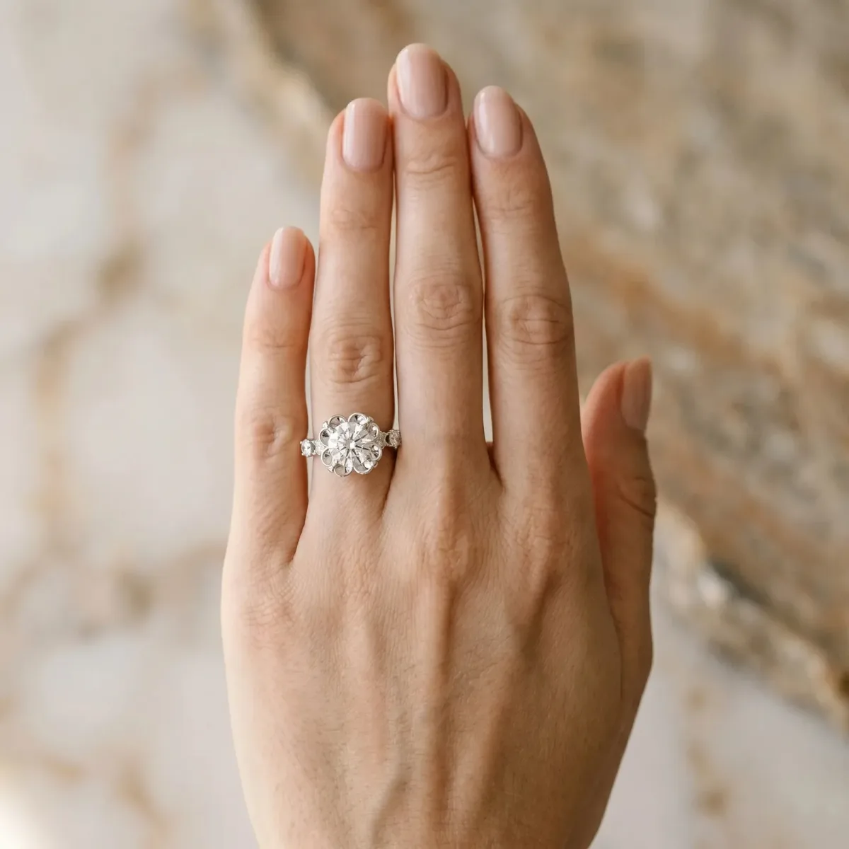 Round Cut Cut Diamond Floral Halo Engagement Ring with Shared Prong Setting Silver