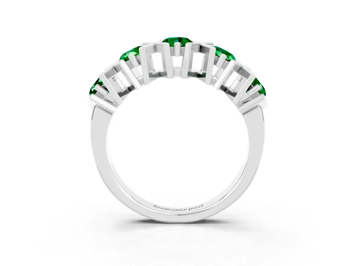 Round Emerald Channel Set Band with X-Prong Detail Silver
