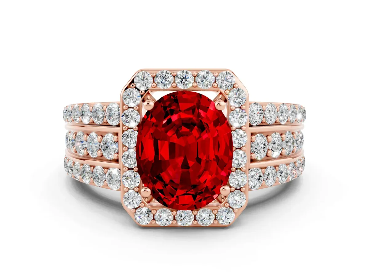 Oval Cut Halo Ruby Ring with Round Split Shank and Prong Setting Rose gold