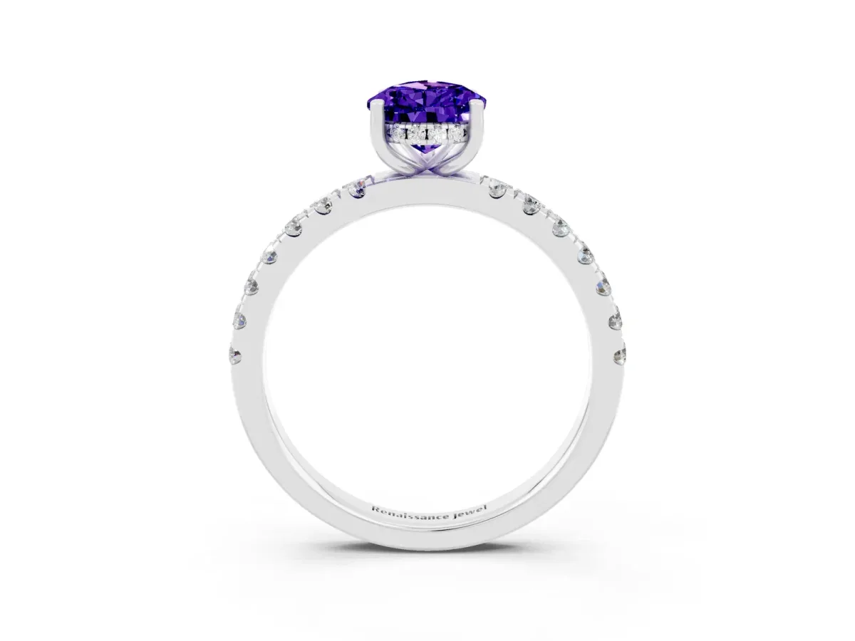 Pear Cut Tanzanite Pave Band Solitaire Ring with Round and Prong Setting Platinum