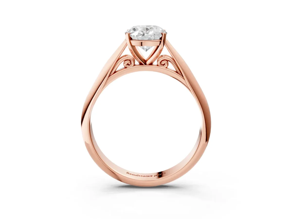 Oval Cut Diamond Solitaire Engagement Ring with Cathedral Setting and Four-Prong Mount Rose gold