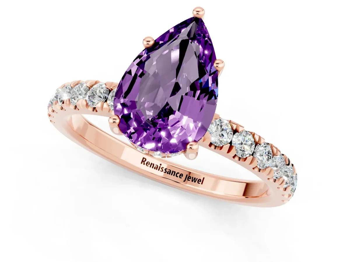 Pear Cut Amethyst Pave Band Solitaire Ring with Round and Prong Setting Rose gold