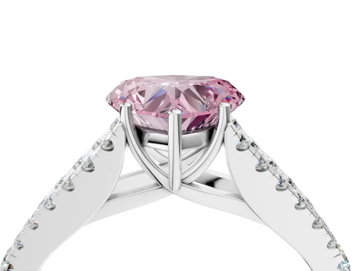 Fancy Pink Heart Cut Diamond Split Shank Pavé Engagement Ring with Four-Prong Setting White gold