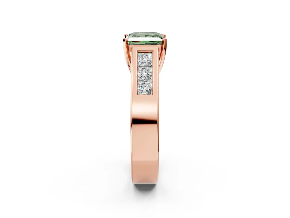 Fancy Green Princess Cut Cut Channel Set Solitaire Ring with Four-Prong Setting Rose gold