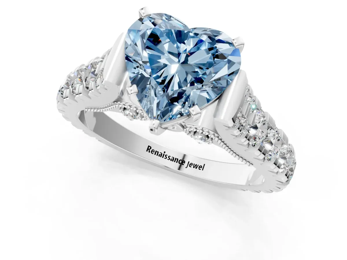 Fancy Blue Heart Cut Diamond Classic Solitaire Ring with Pavé Band and Four-Prong Setting Silver