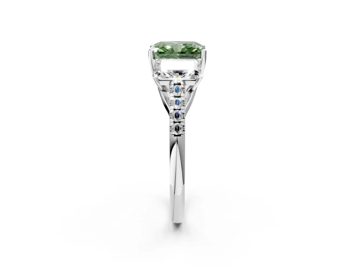 Fancy Green Three-Stone Radiant Cut Diamond Ring with Round Pavé Band and Prong Setting Silver