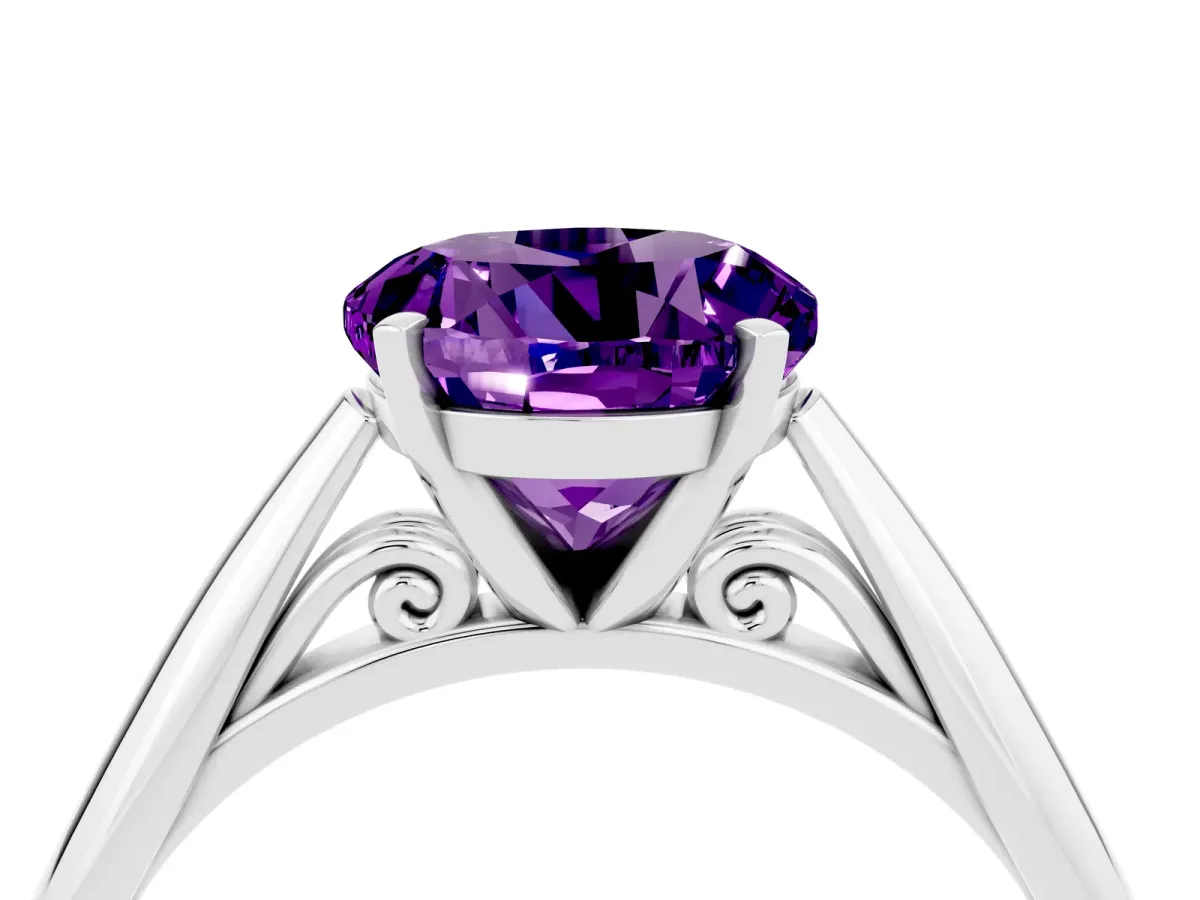 Round Cut Amethyst Solitaire Engagement Ring with Cathedral Setting and Four-Prong Mount White gold