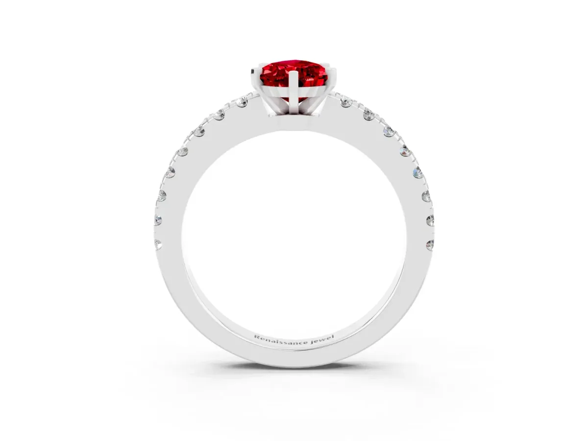 Pear Cut Solitaire Ruby with Pavé Band and Four-Prong Setting White gold