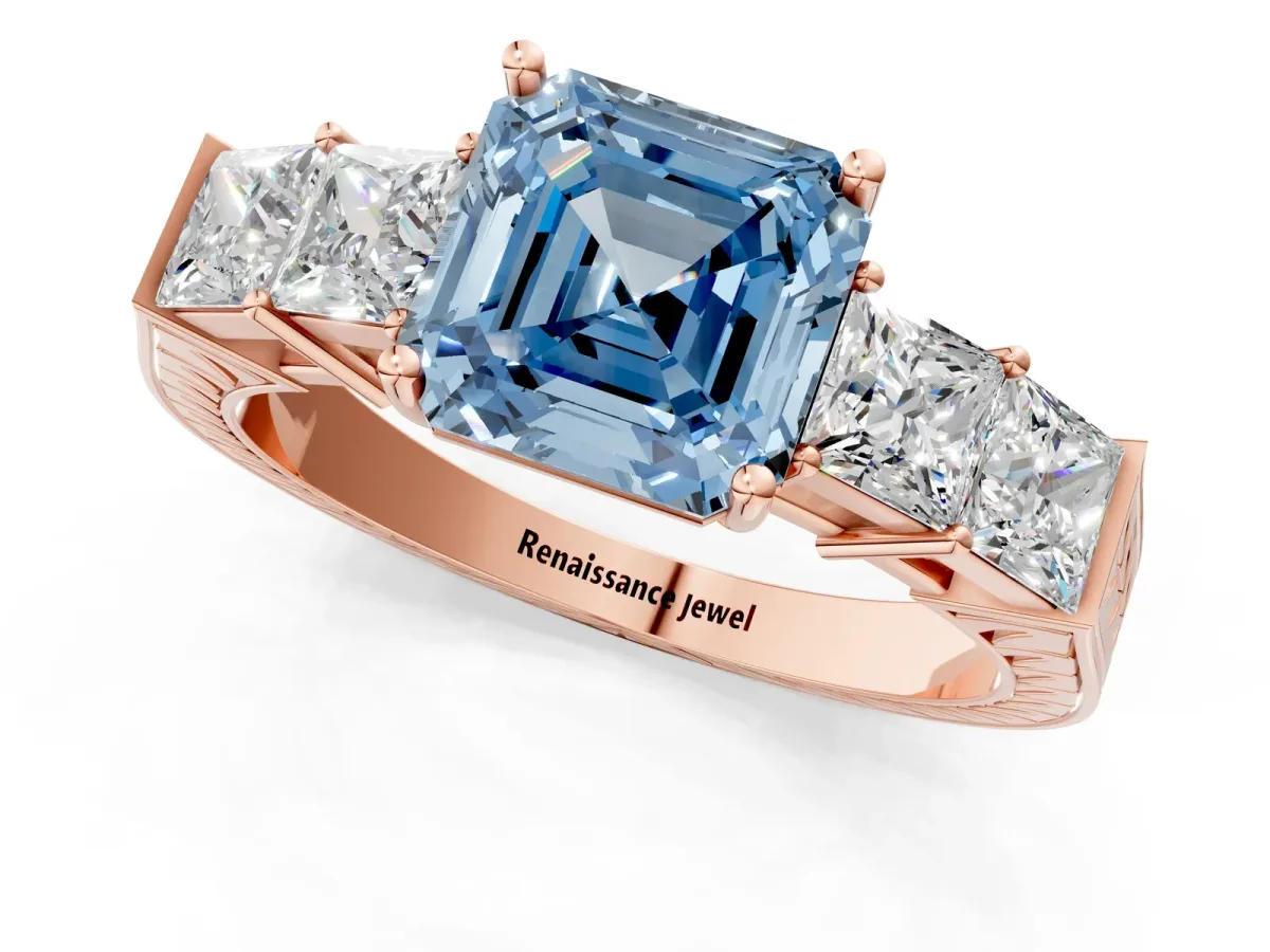 Fancy Blue Asscher Cut Solitaire Princess Side Stone Engraved Band Prong Setting Ring Rose gold