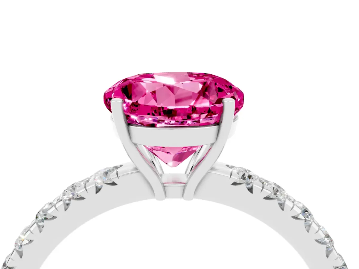 Round Cut Pink Sapphire Pavé Solitaire Engagement Ring with Four-Prong Setting Silver