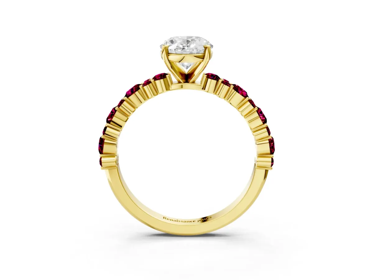 Oval Cut Diamond Side Stone Solitaire Ring with Round Garnet and Four-Prong Setting Yellow gold