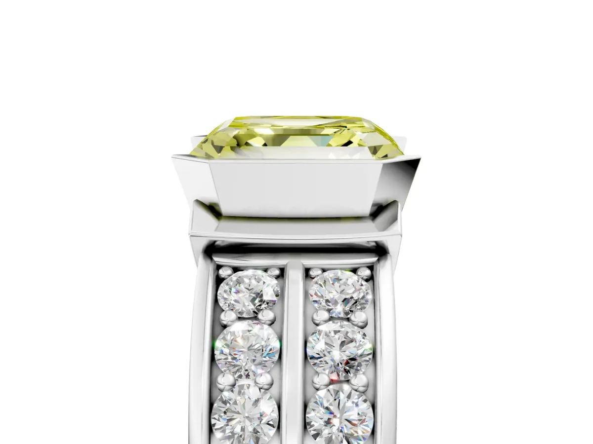 Fancy Yellow Asscher Cut Brilliant Diamond Channel Set Wide Band Ring with Bezel Setting Platinum