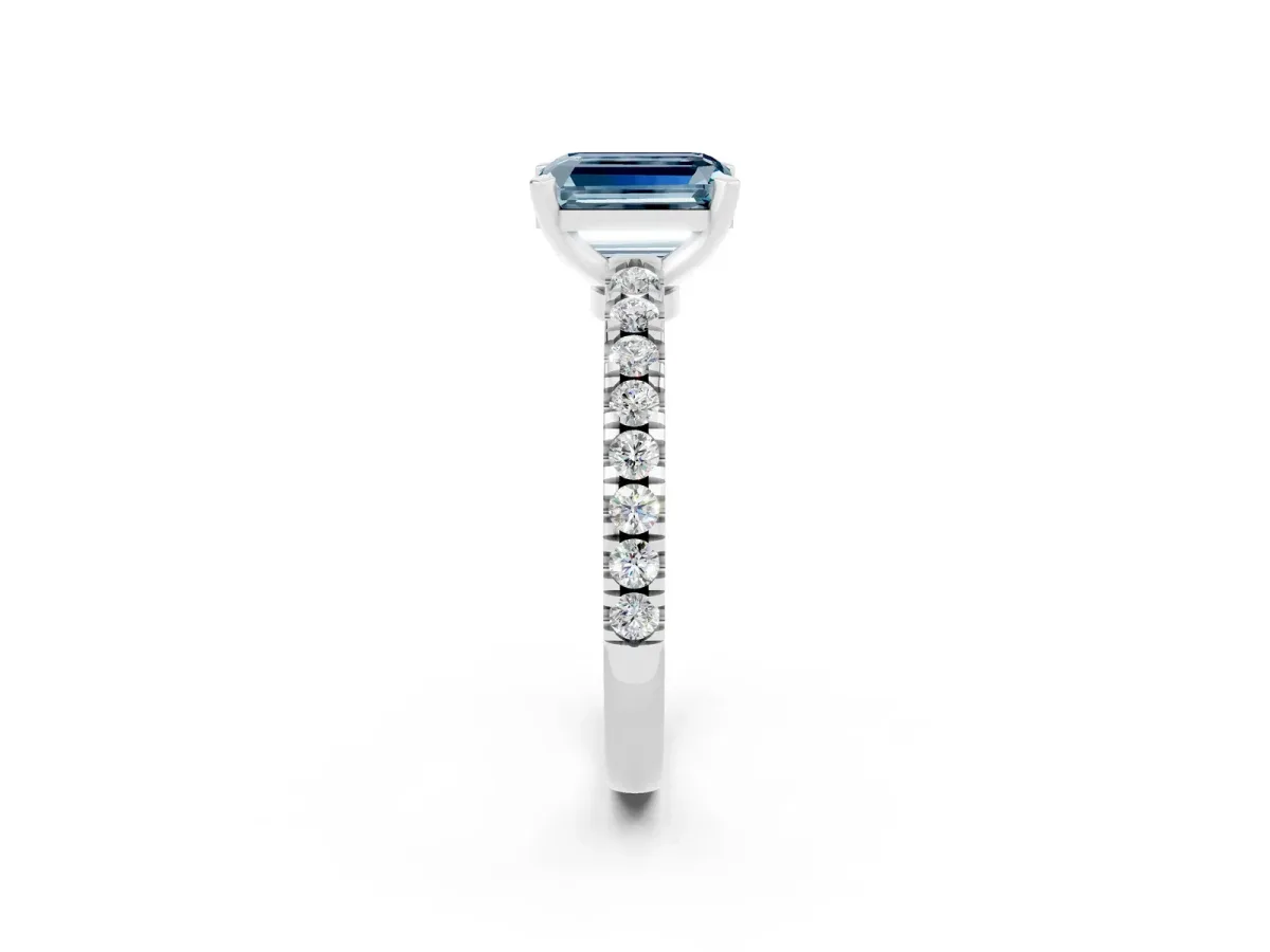 Emerald Cut Solitaire Aquamarine with Pavé Band and Four-Prong Setting Silver
