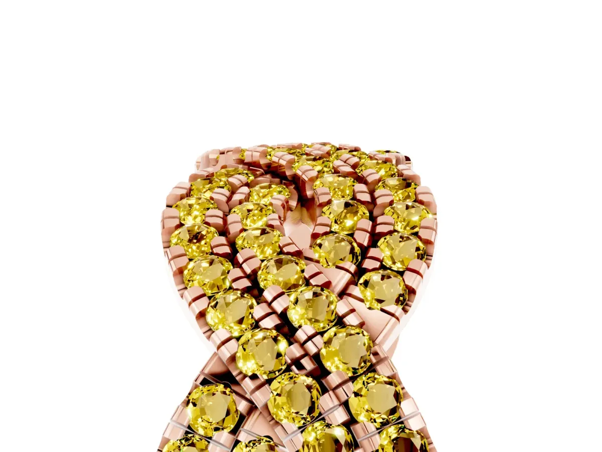Pavé Round Yellow Sapphire Infinity Twist Band with Shared Prong Setting Rose gold