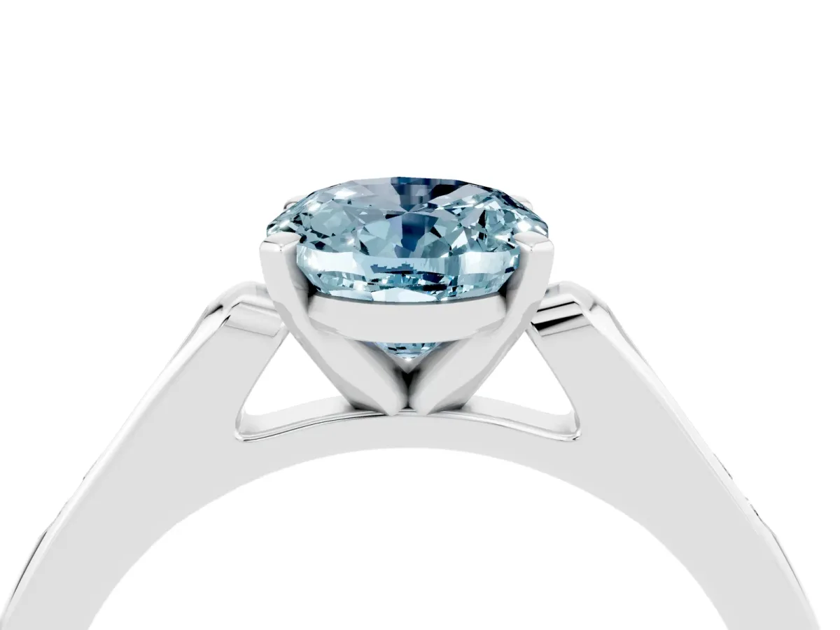 Oval Cut Aquamarine Solitaire Ring with Channel Set Round Band and Prong Setting Silver