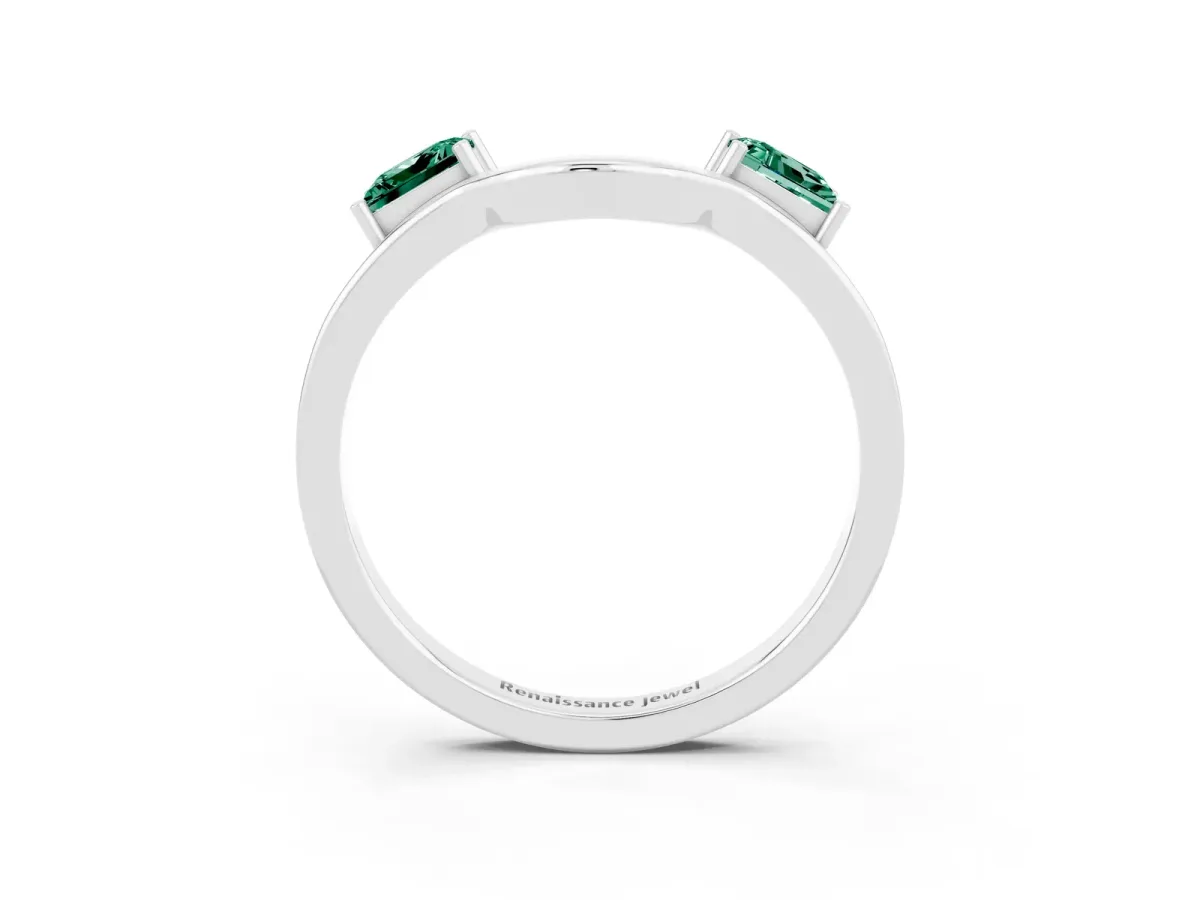 Princess Cut Green Sapphire Two-Stone Open Band Ring with Four-Prong Setting Silver