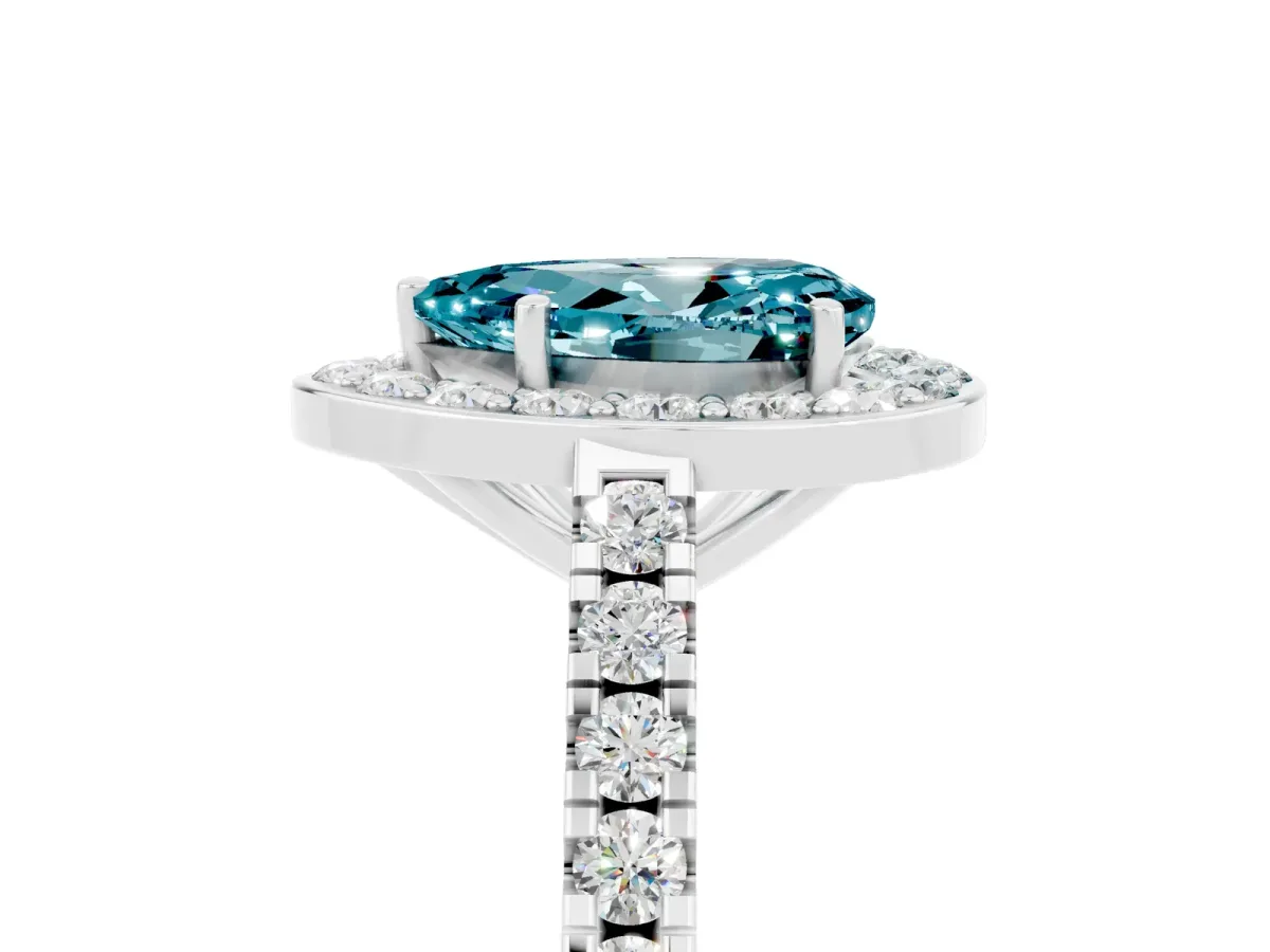 Pear Cut Blue Topaz Halo Ring with Round Pavé Split Shank and Prong Setting Platinum