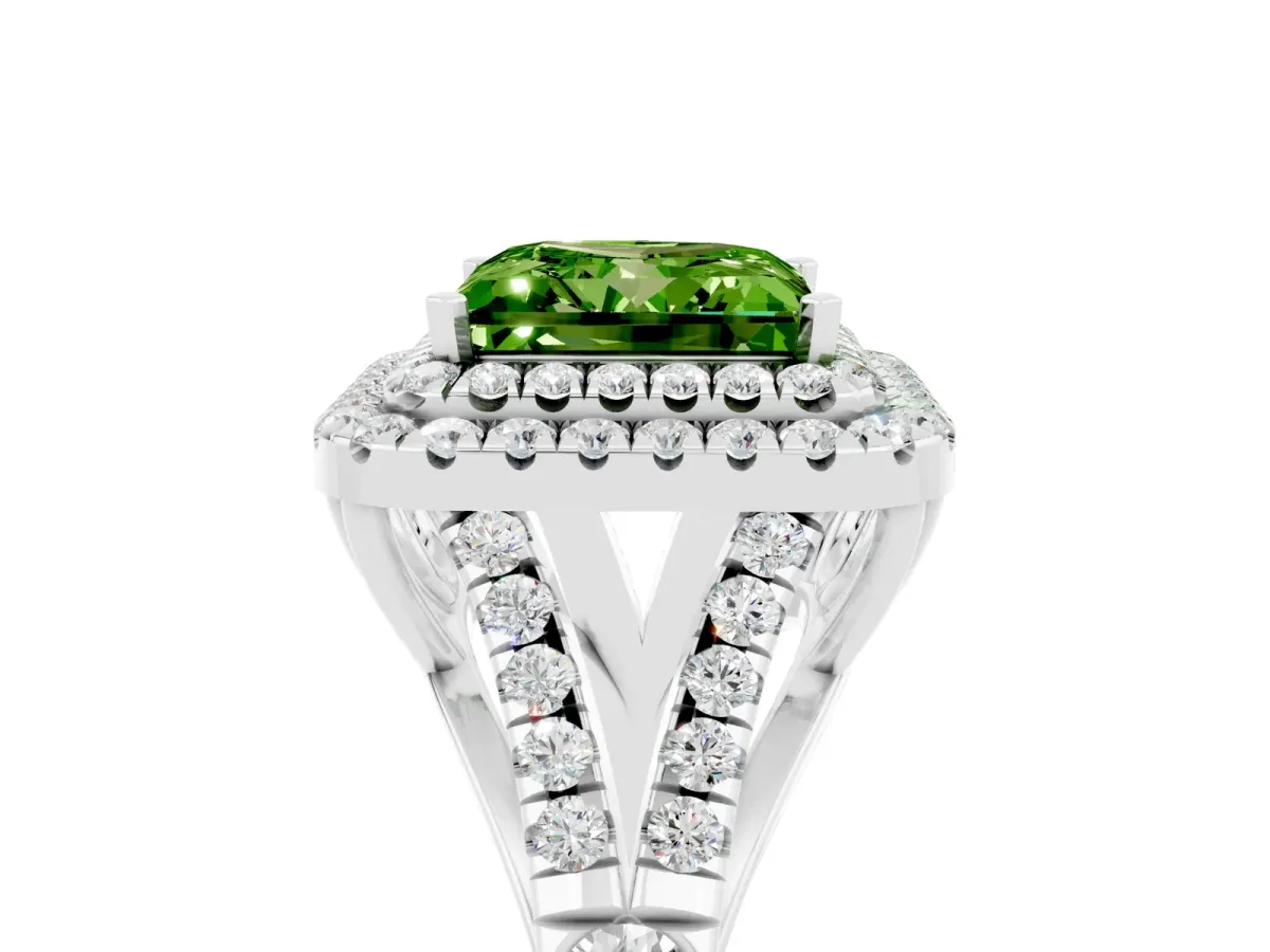 Double Halo Princess Cut Peridot Split Shank Engagement Ring with Four-Prong Setting White gold