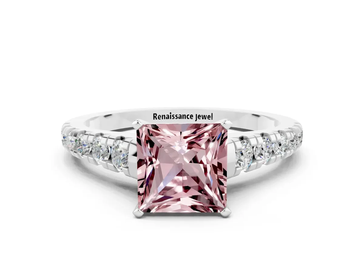 Princess Cut Morganite Cathedral Solitaire Ring with Round Pavé Band Silver