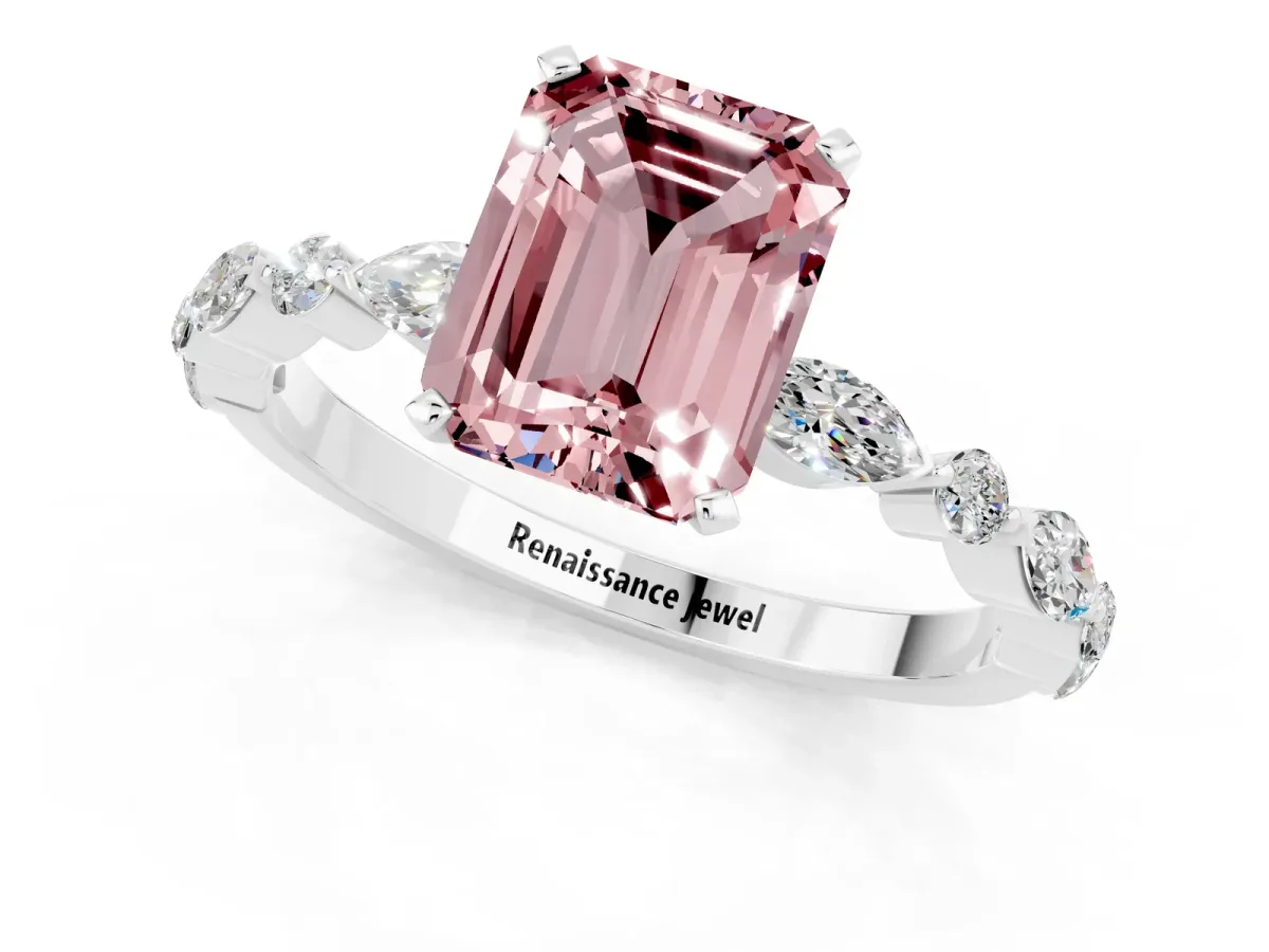 Emerald Cut Morganite Ring with Marquise and Round Side Stones and Four-Prong Setting Silver