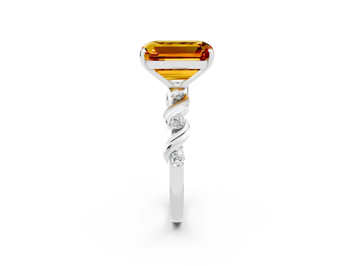 Emerald Cut Citrine Solitaire Twisted Band with Round Accents and Prong Setting Silver