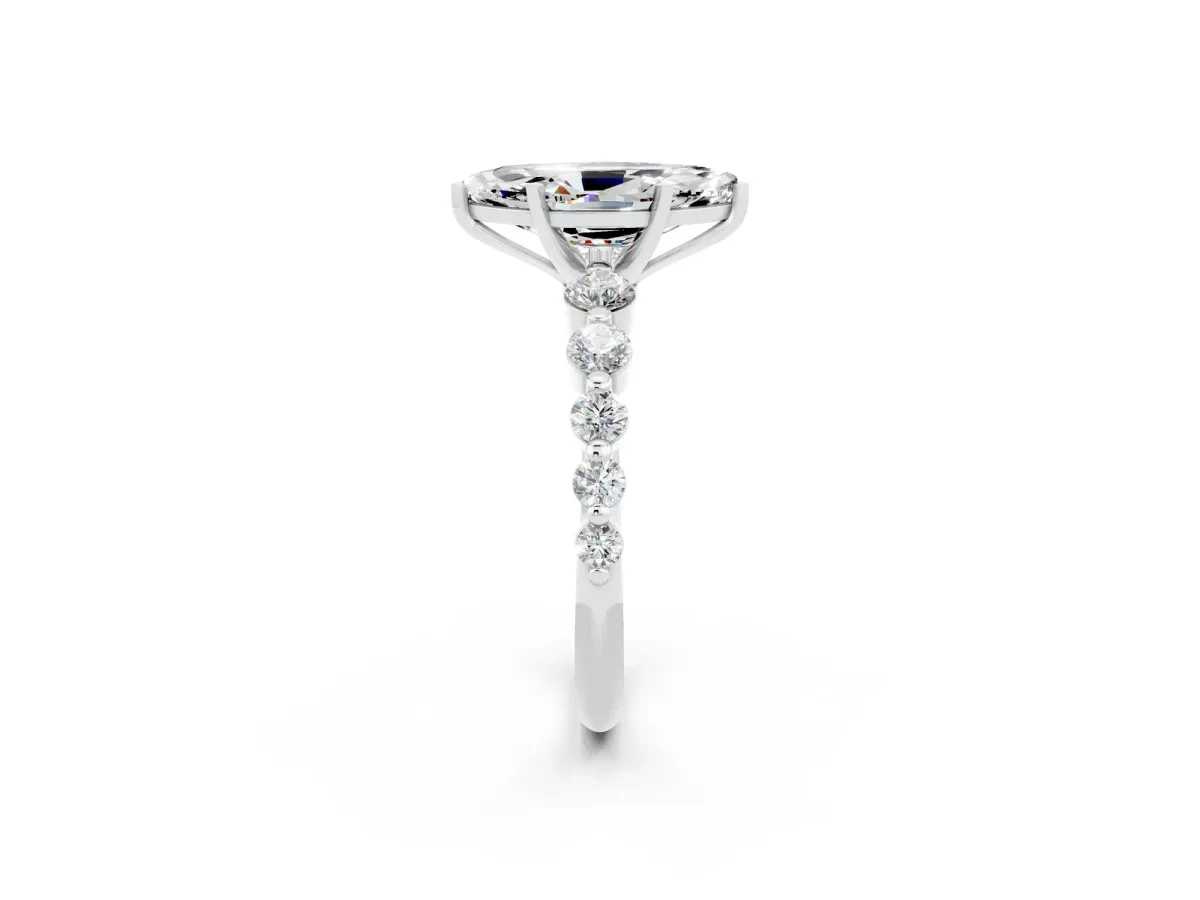 Marquise Cut Solitaire Moissanite Ring with Pave Band and Four-Prong Setting Silver