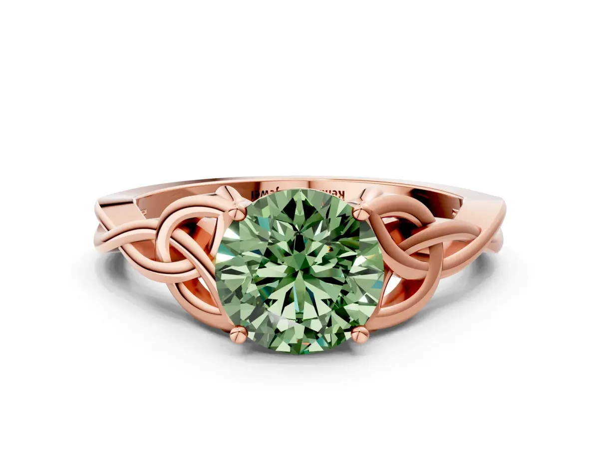 Fancy Green Round Cut Diamond Solitaire Celtic Knot Ring with Four-Prong Setting Rose gold