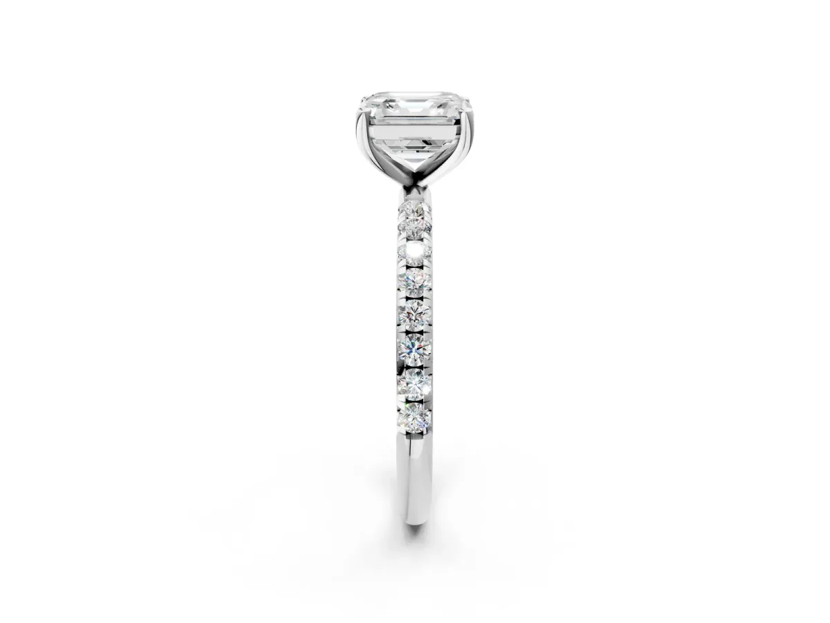 Asscher Cut Cut Diamond Solitaire Ring with Micro Pave Band and Four Prong Setting Platinum