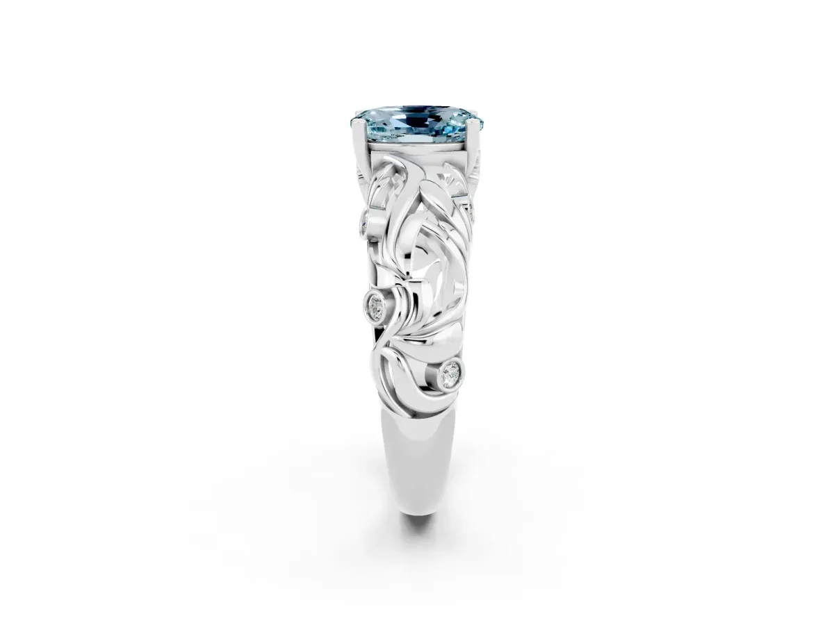 Oval Cut Solitaire Aquamarine Leaf-Inspired Vine Band Ring with Prong Setting White gold