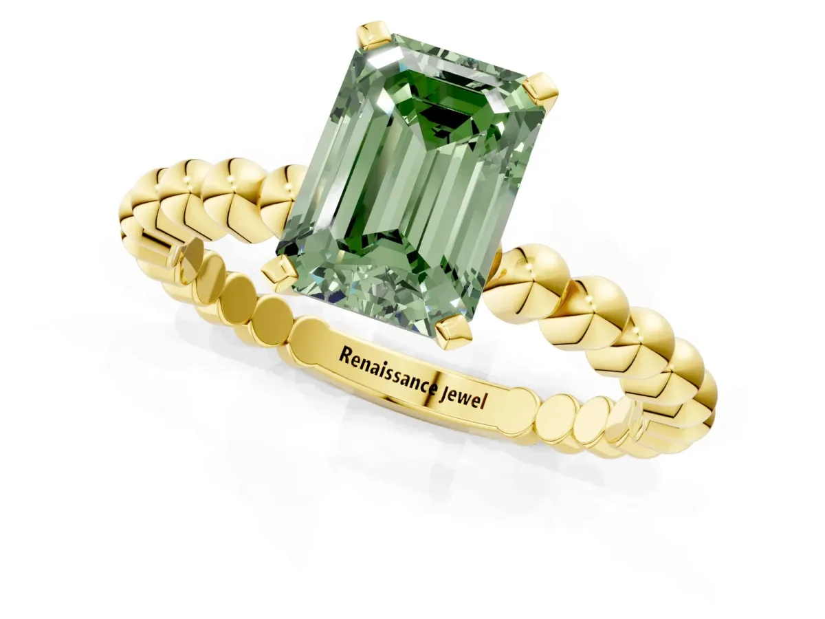 Fancy Green Emerald Cut Diamond Solitaire Ring with Beaded Band and Prong Setting Yellow gold